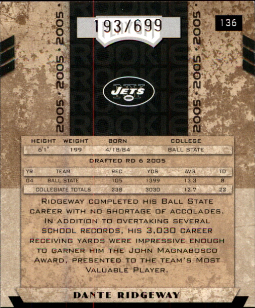 2005 Playoff Honors #136 Dante Ridgeway RC UER back image