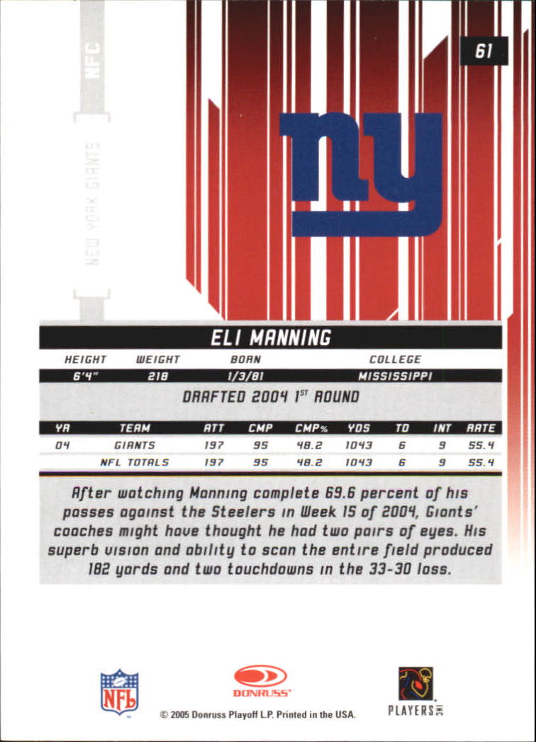 2005 Leaf Rookies and Stars Longevity #61 Eli Manning back image