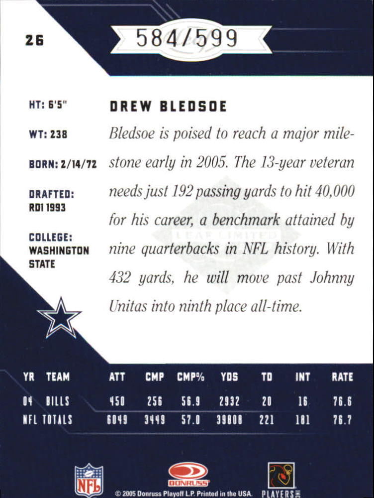 2005 Leaf Limited #26 Drew Bledsoe back image
