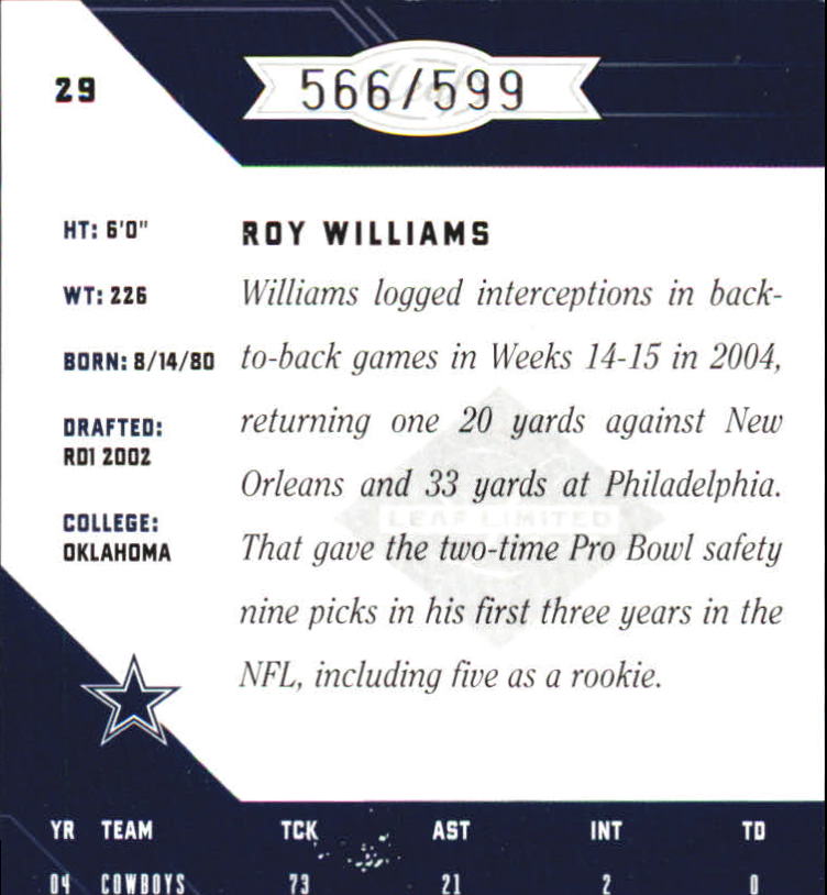 2005 Leaf Limited #29 Roy Williams S back image