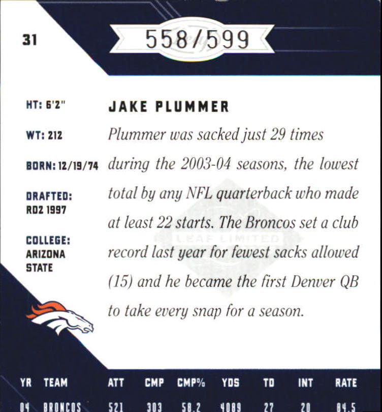 2005 Leaf Limited #31 Jake Plummer back image