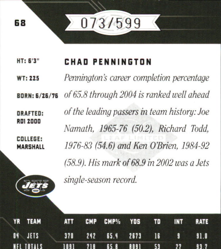 2005 Leaf Limited #68 Chad Pennington back image