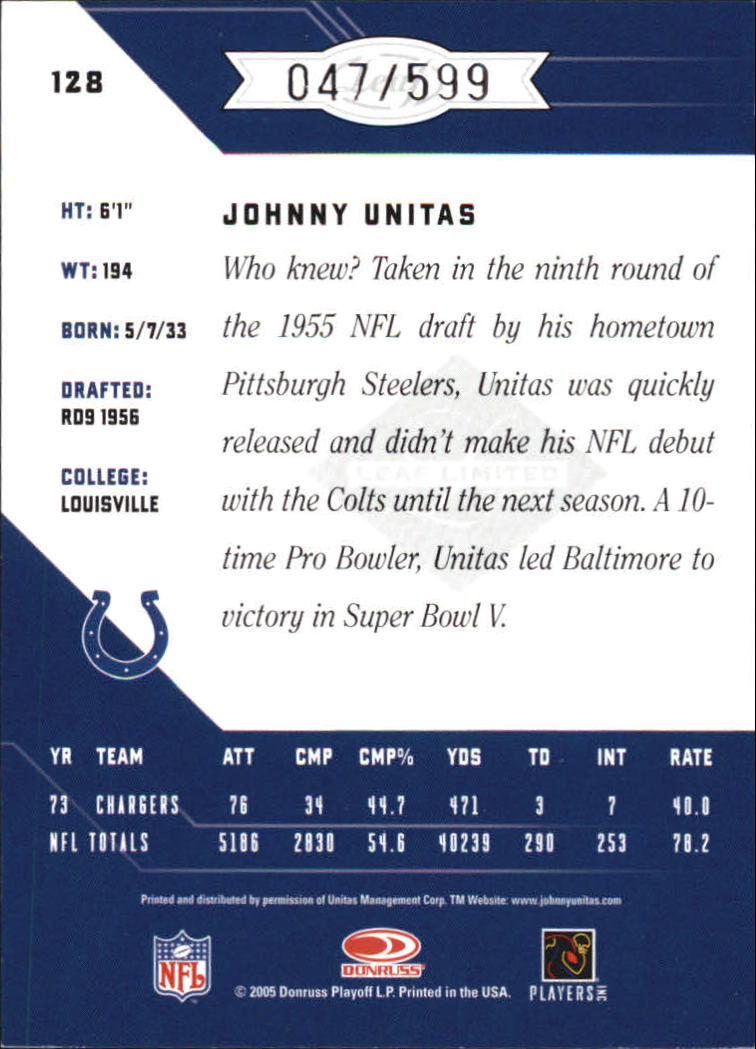2005 Leaf Limited #128 Johnny Unitas back image