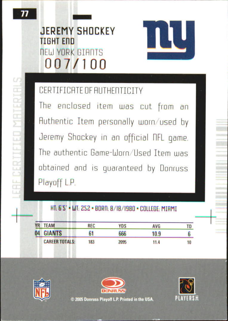 2005 Leaf Certified Materials Mirror Red Materials #77 Jeremy Shockey back image