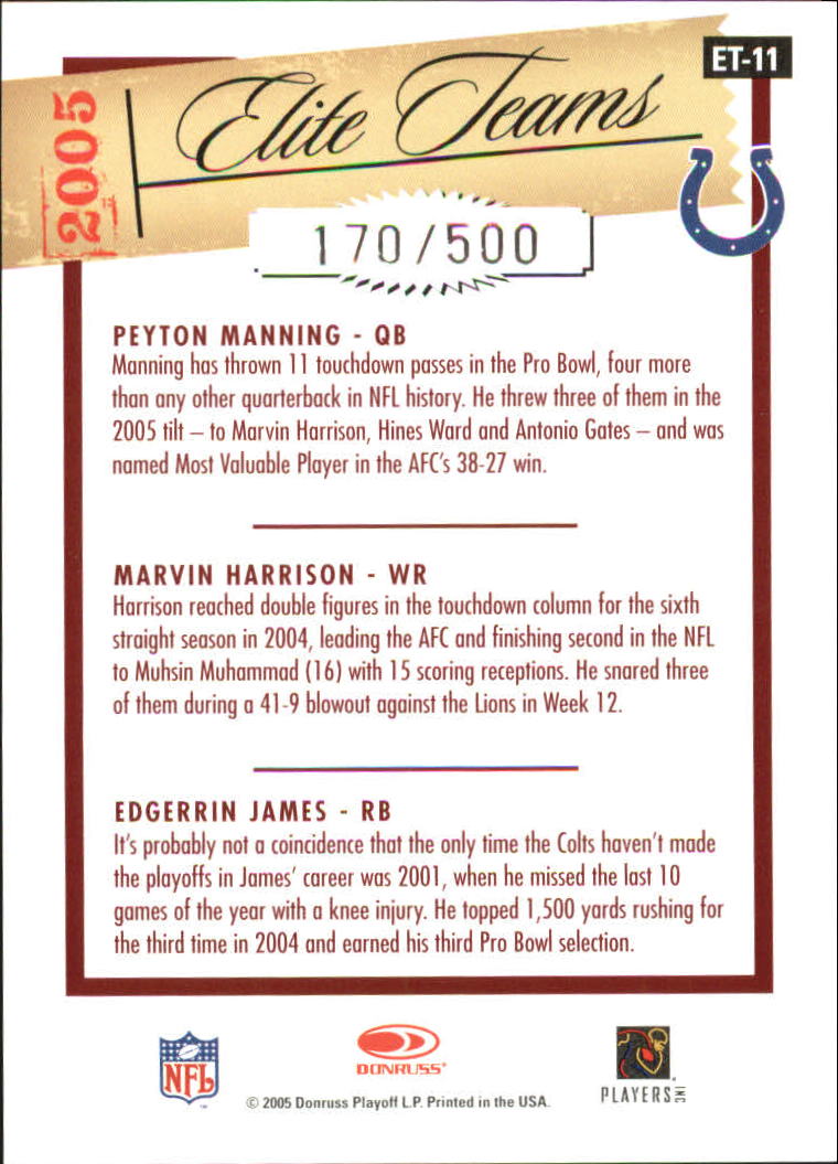 2005 Donruss Elite Elite Teams Red #ET11 Peyton Manning/Marvin Harrison/Edgerrin James back image