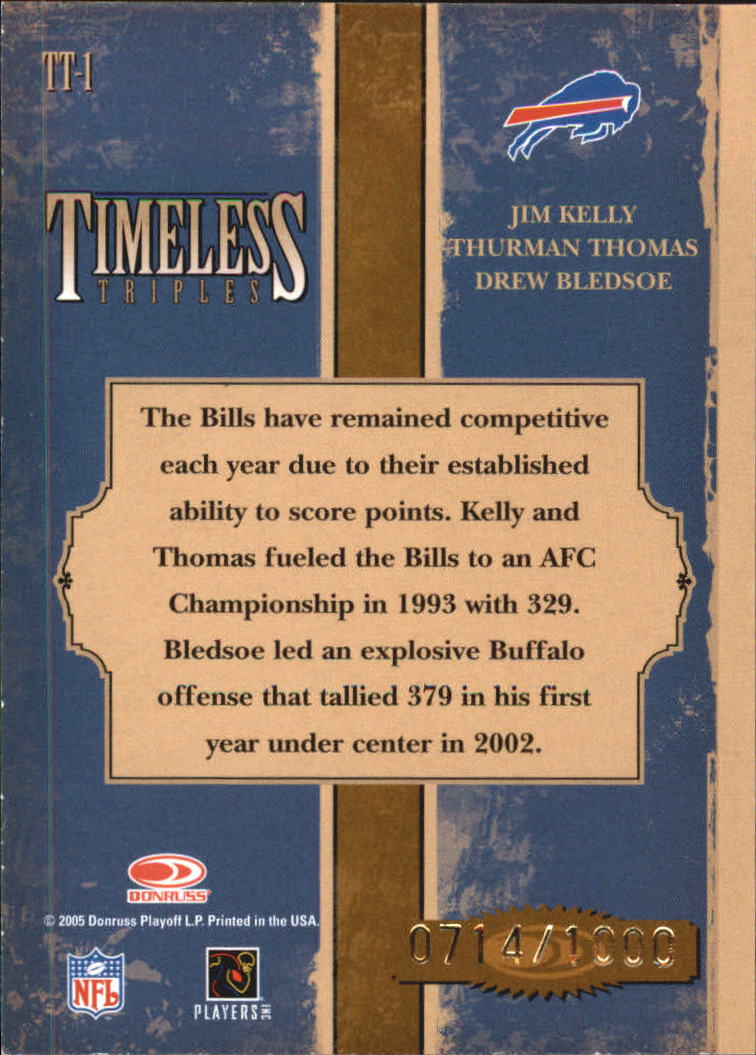2005 Donruss Classics Timeless Triples Bronze #1 Jim Kelly/Thurman Thomas/Drew Bledsoe back image