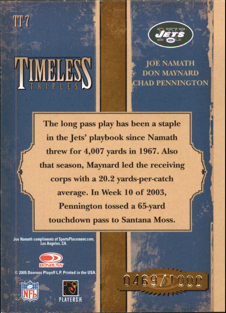 2005 Donruss Classics Timeless Triples Bronze #7 Joe Namath/Don Maynard/Chad Pennington back image