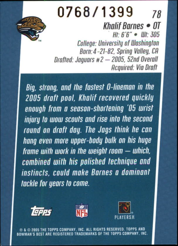 2005 Bowman's Best Blue #78 Khalif Barnes back image