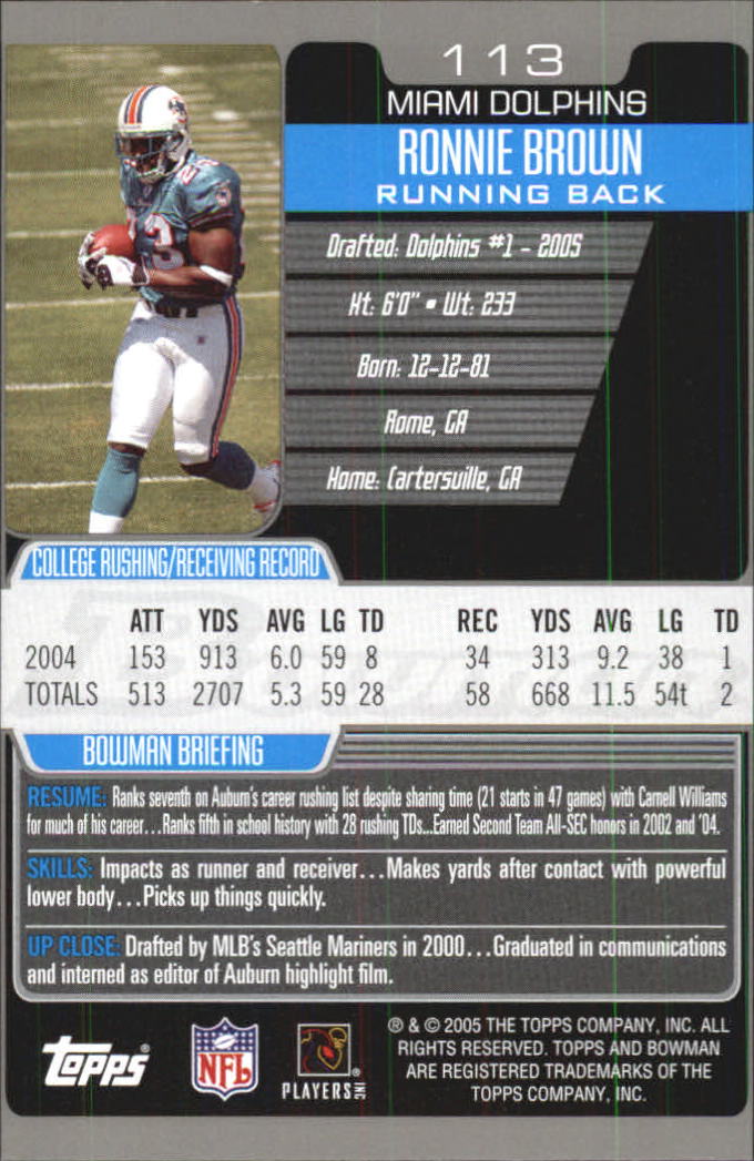 2005 Bowman First Edition #113 Ronnie Brown back image