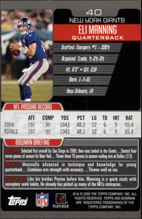 2005 Bowman #40 Eli Manning back image