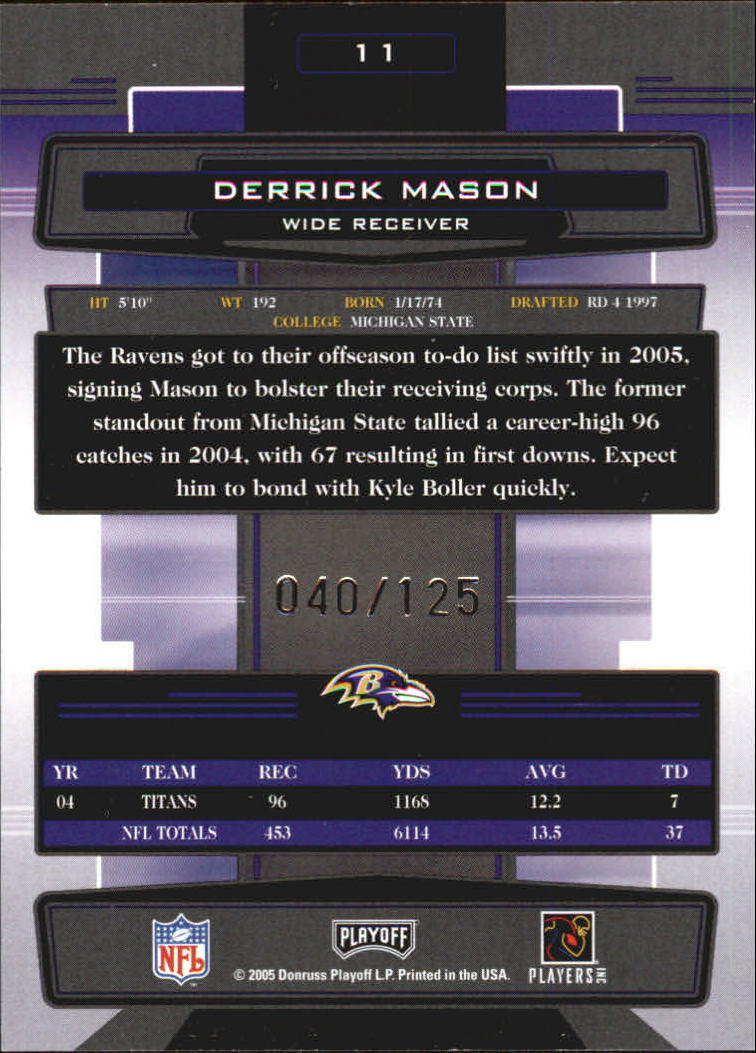 2005 Absolute Memorabilia Spectrum Silver Autographs #11 Derrick Mason/125 back image