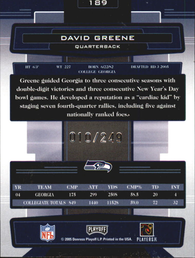 2005 Absolute Memorabilia Spectrum Silver Autographs #189 David Greene/249 back image