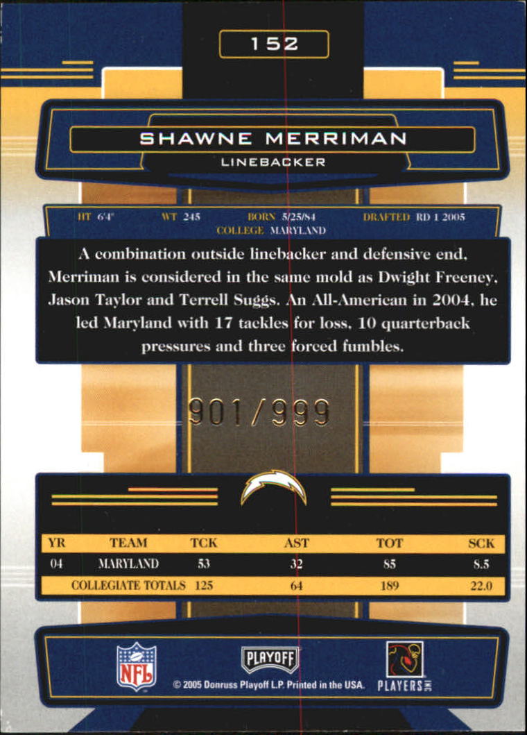 2005 Absolute Memorabilia #152 Shawne Merriman RC back image