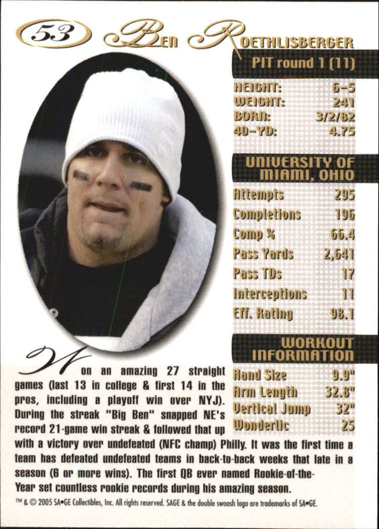 2005 Sage Football "Main Set" Base Cards - Picture 107 of 109