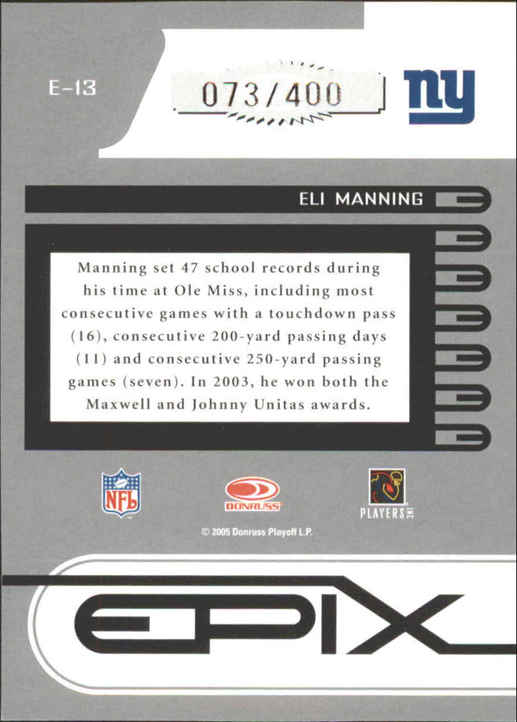 2005 Zenith Epix Orange 3rd Down #13 Eli Manning back image