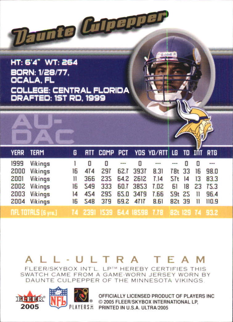 2005 Ultra All-Ultra Team Jerseys Gold #DC2 Daunte Culpepper back image