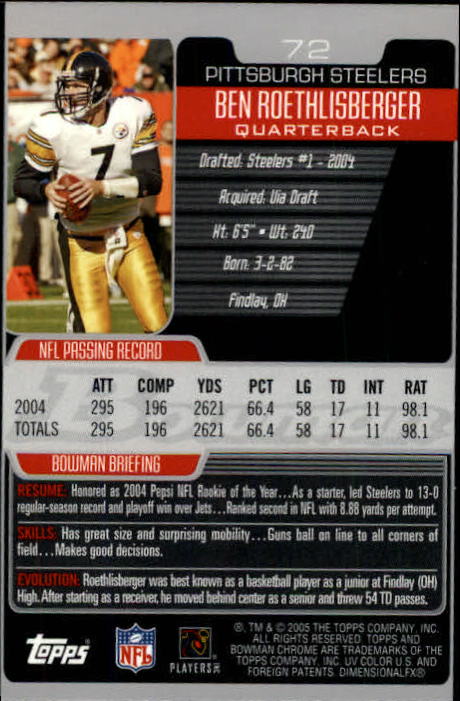 2005 Bowman Chrome #72 Ben Roethlisberger back image