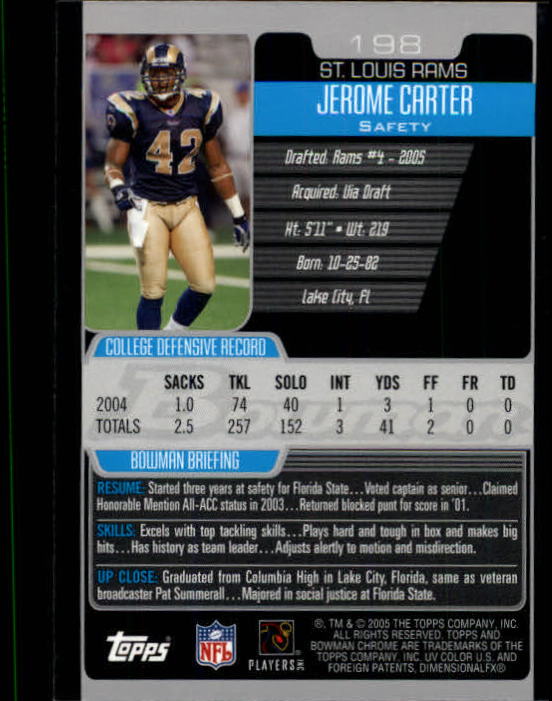 2005 Bowman Chrome #198 Jerome Carter RC back image