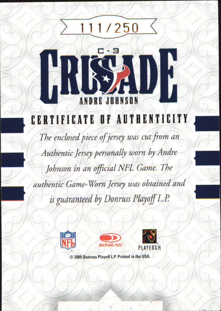 2005 Leaf Rookies and Stars Crusade Materials #C3 Andre Johnson back image