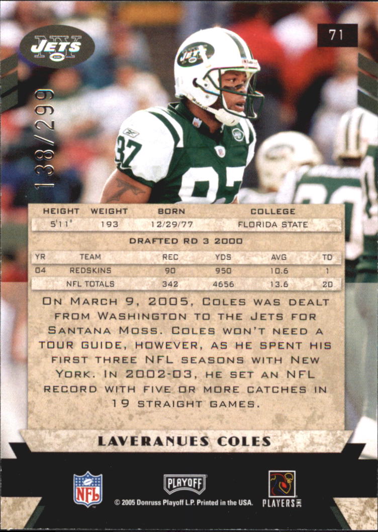 2005 Playoff Honors X's #71 Laveranues Coles back image