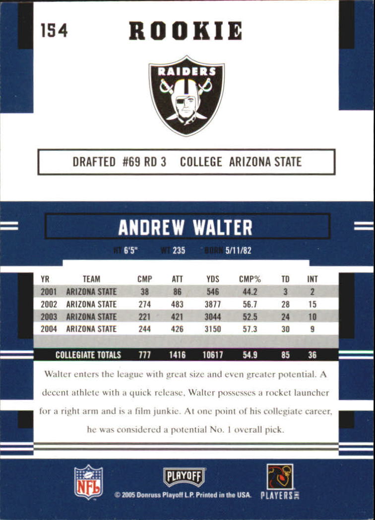 2005 Playoff Prestige #154 Andrew Walter RC back image