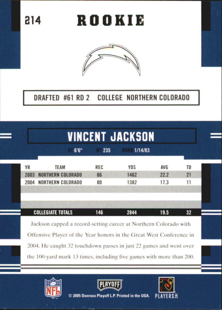 2005 Playoff Prestige #214 Vincent Jackson RC back image