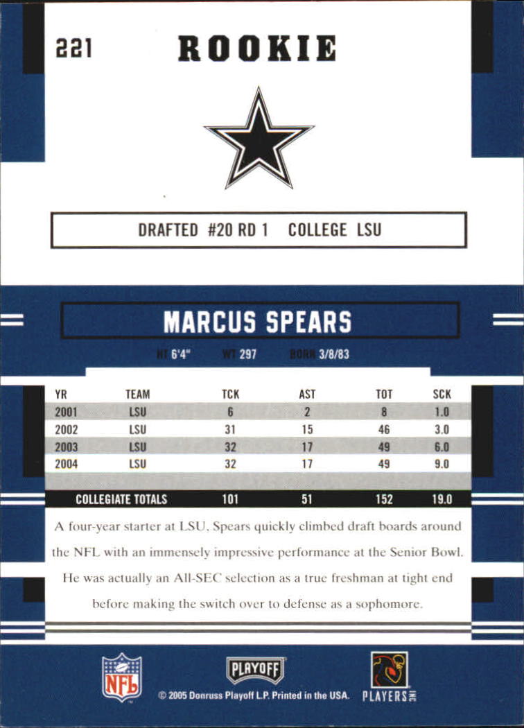 2005 Playoff Prestige #221 Marcus Spears RC back image