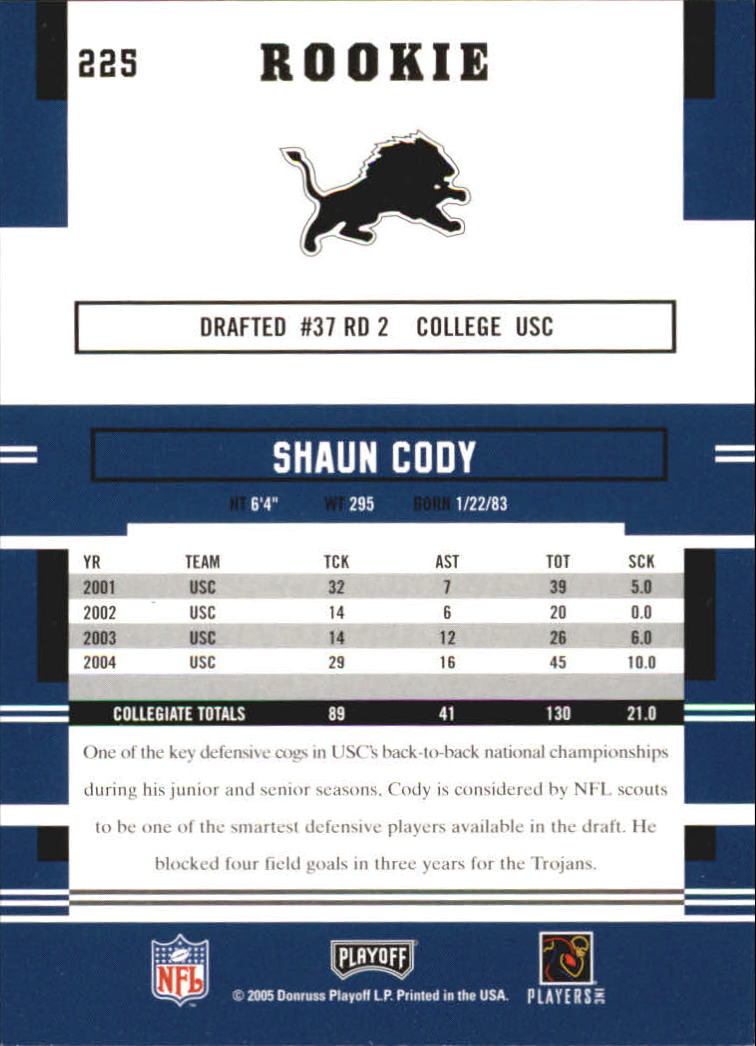 2005 Playoff Prestige #225 Shaun Cody RC back image