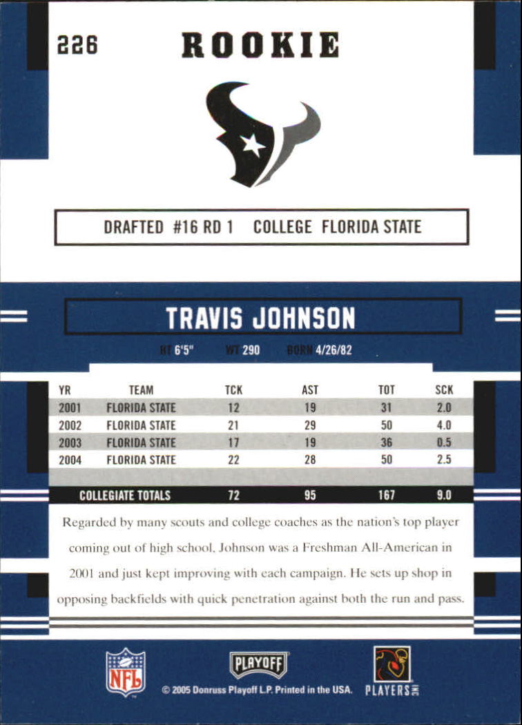 2005 Playoff Prestige #226 Travis Johnson RC back image
