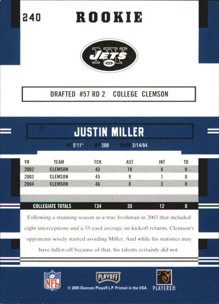 2005 Playoff Prestige #240 Justin Miller RC back image