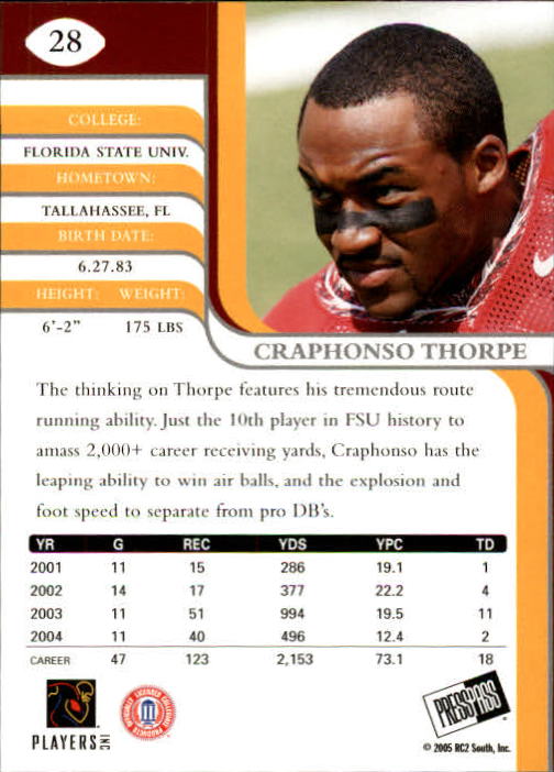 2005 Press Pass SE #28 Craphonso Thorpe back image
