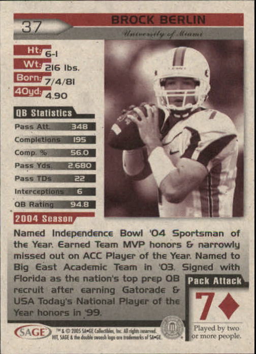 2005 Sage HIT Football "Main Set" Base Cards - Picture 75 of 101