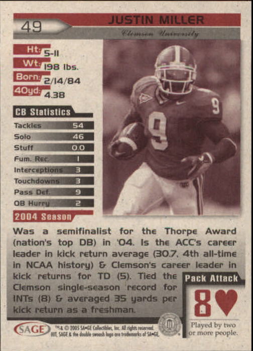 2005 Sage HIT Football "Main Set" Base Cards - Picture 99 of 101