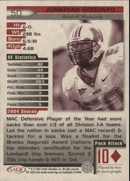 2005 Sage HIT Football "Main Set" Base Cards - Picture 101 of 101