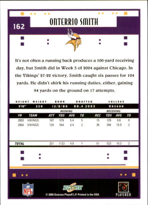 2005 Score #162 Onterrio Smith back image