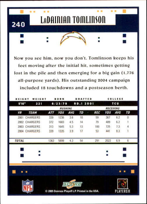 2005 Score #240 LaDainian Tomlinson back image