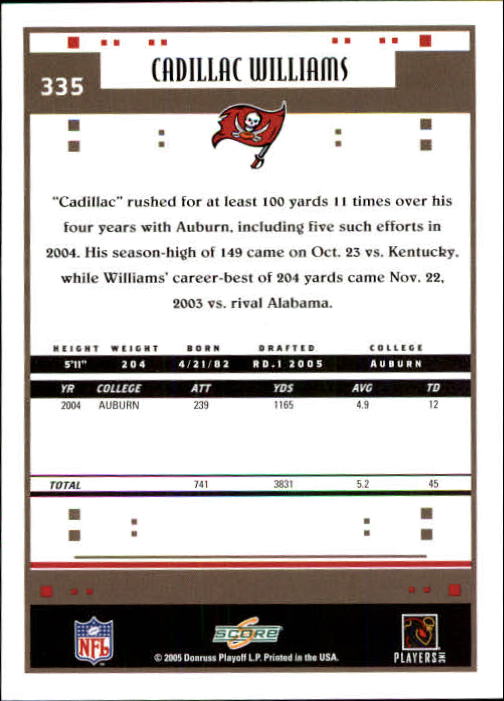 2005 Score #335 Cadillac Williams RC back image