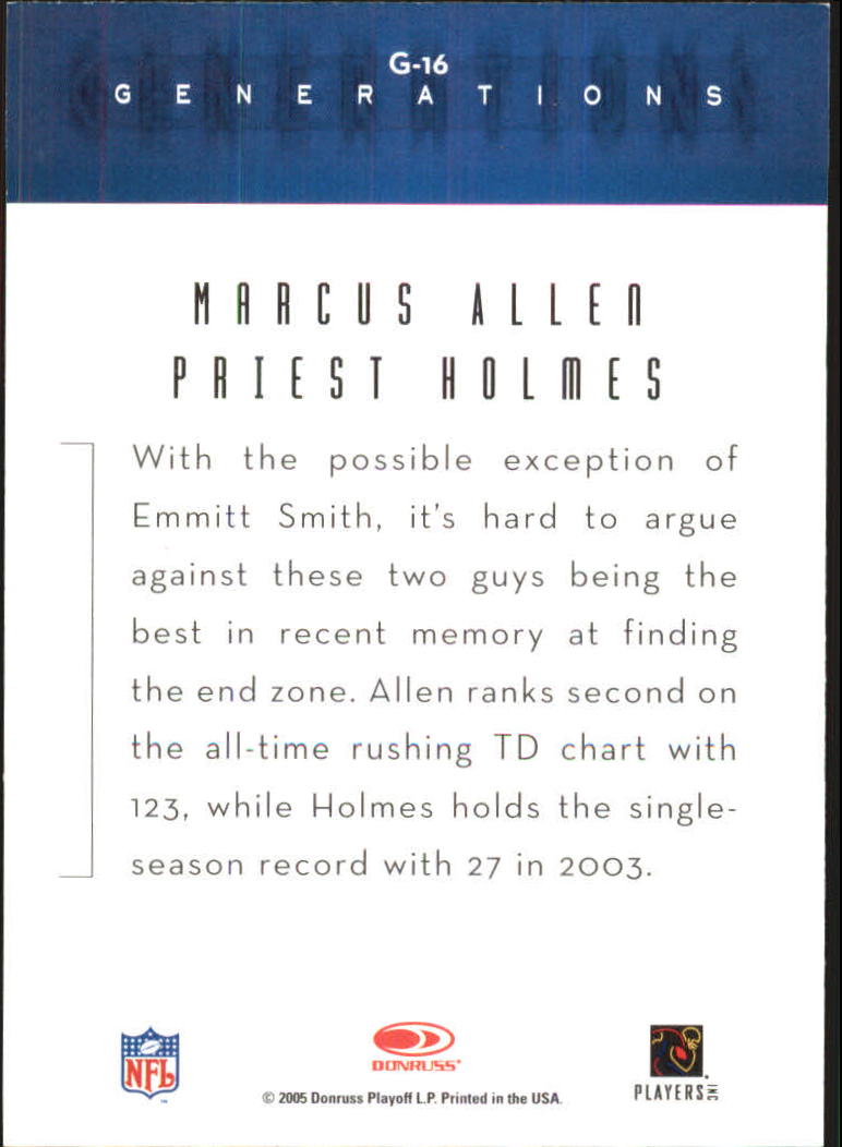 2005 Throwback Threads Generations #16 Marcus Allen/Priest Holmes back image