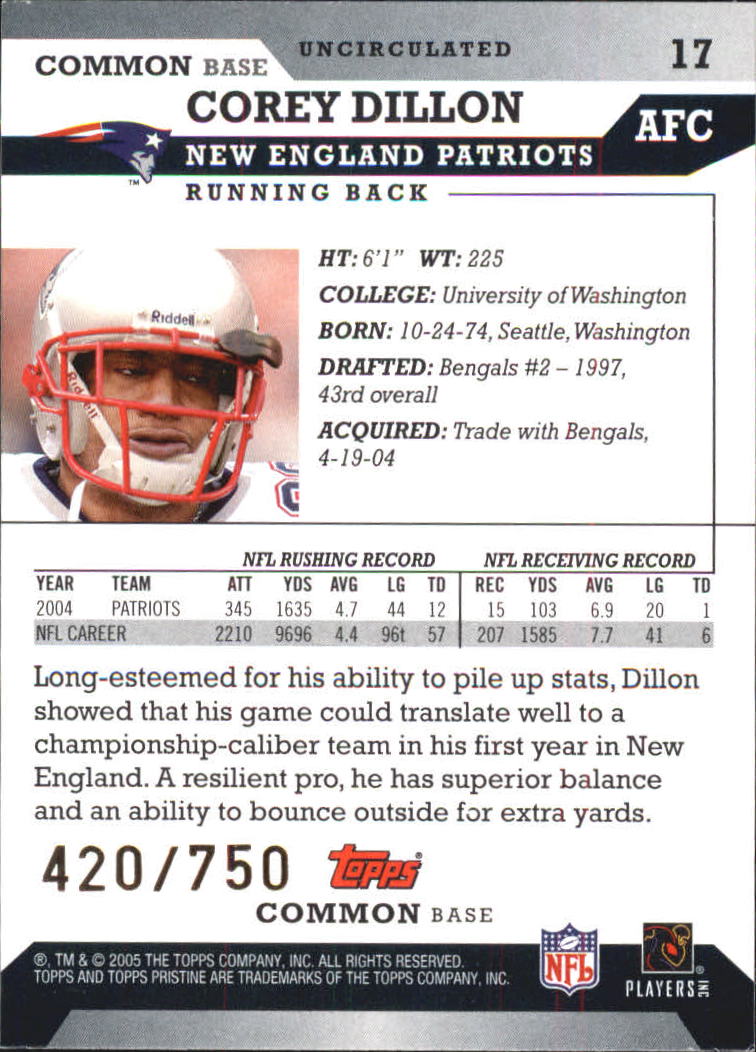 2005 Topps Pristine Uncirculated #17 Corey Dillon C back image