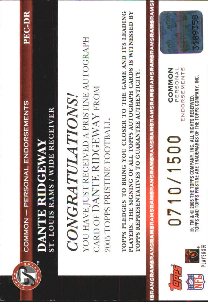 2005 Topps Pristine Personal Endorsements Autographs #DR Dante Ridgeway/1500 C back image