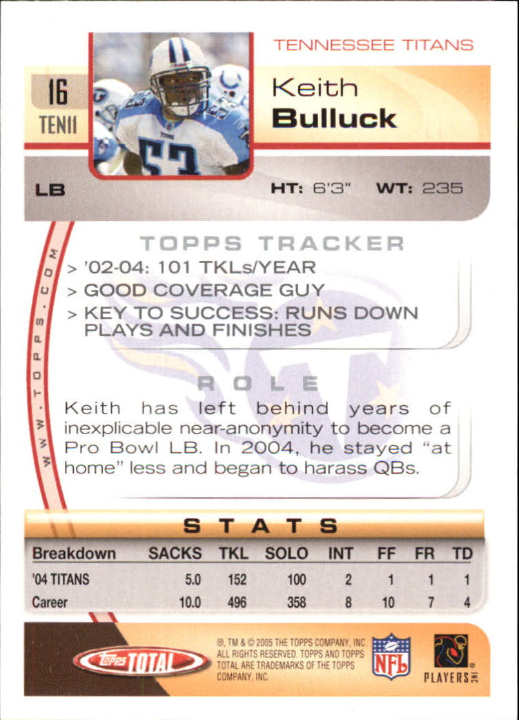 2005 Topps Total Silver #16 Keith Bulluck back image