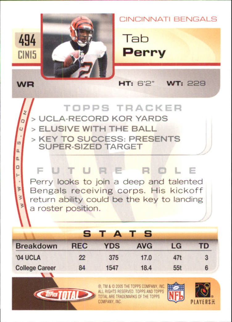 2005 Topps Total Silver #494 Tab Perry back image