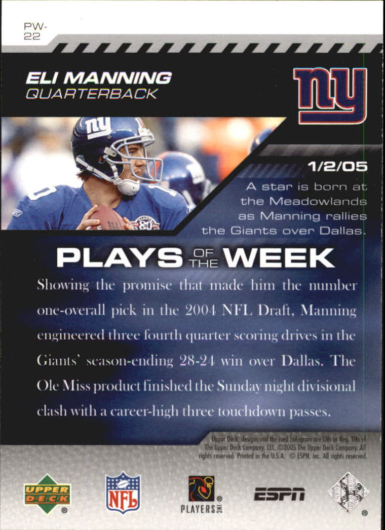 2005 Upper Deck ESPN Plays of the Week #PW22 Eli Manning back image
