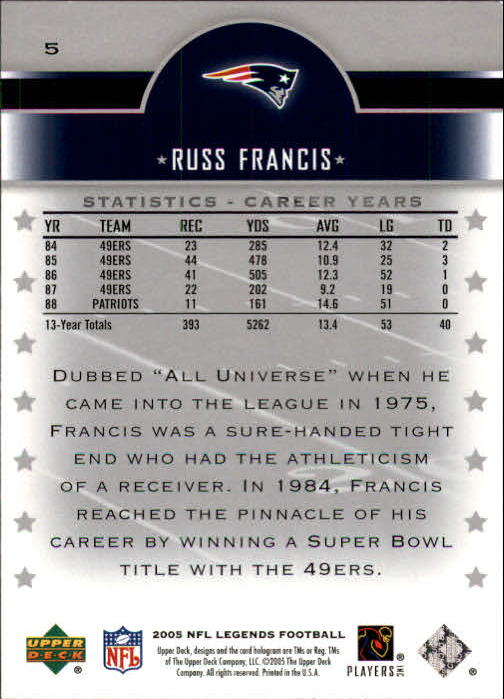 2005 Upper Deck Legends #5 Russ Francis back image