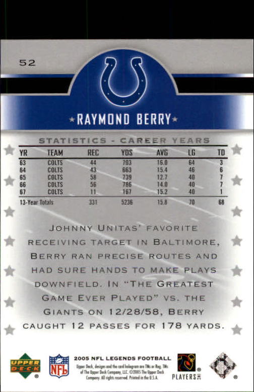 2005 Upper Deck Legends #52 Raymond Berry back image