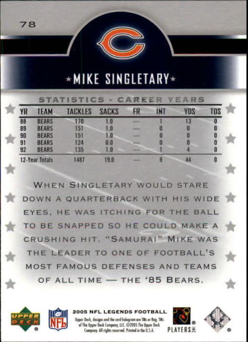 2005 Upper Deck Legends #78 Mike Singletary back image