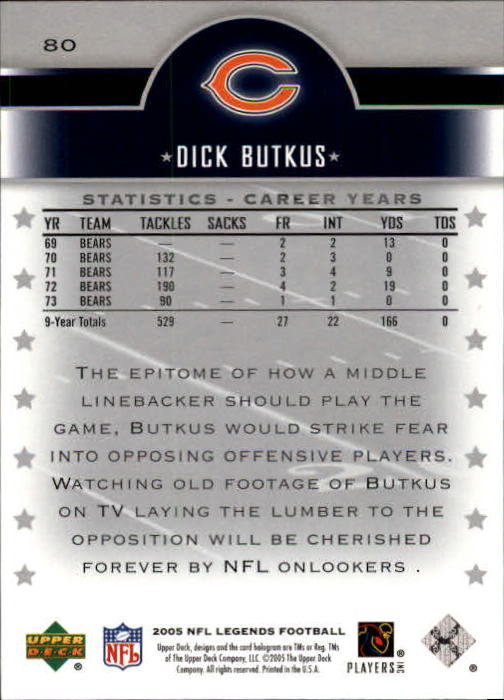 2005 Upper Deck Legends #80 Dick Butkus back image