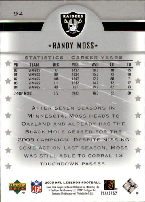 2005 Upper Deck Legends #94 Randy Moss back image