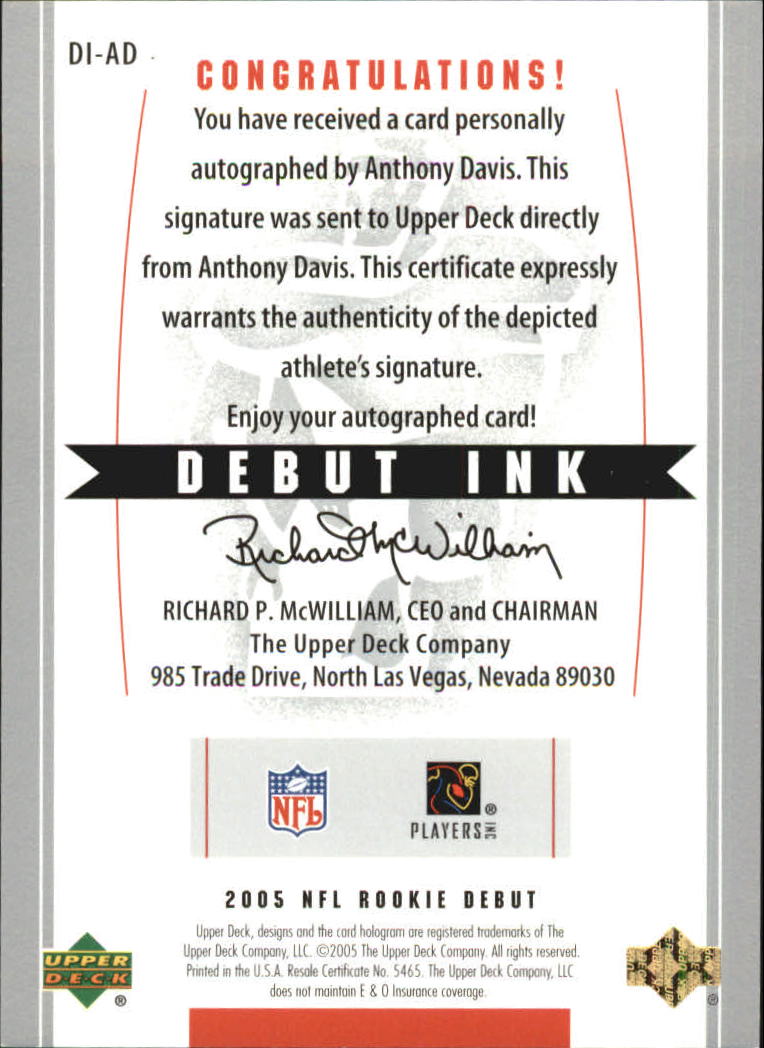 2005 Upper Deck Rookie Debut Ink Limited #DIAD Anthony Davis back image