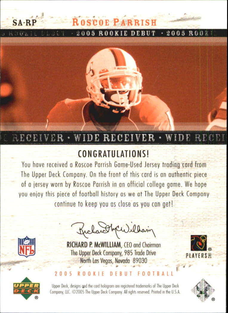 2005 Upper Deck Rookie Debut Saturday Swatches #SARP Roscoe Parrish back image
